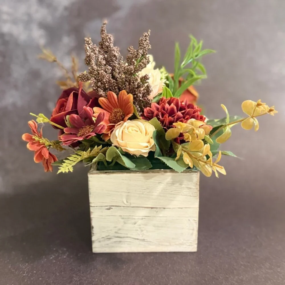 Fall Faux Floral Arrangement in Rustic Wooden Box – Home or Office Decor